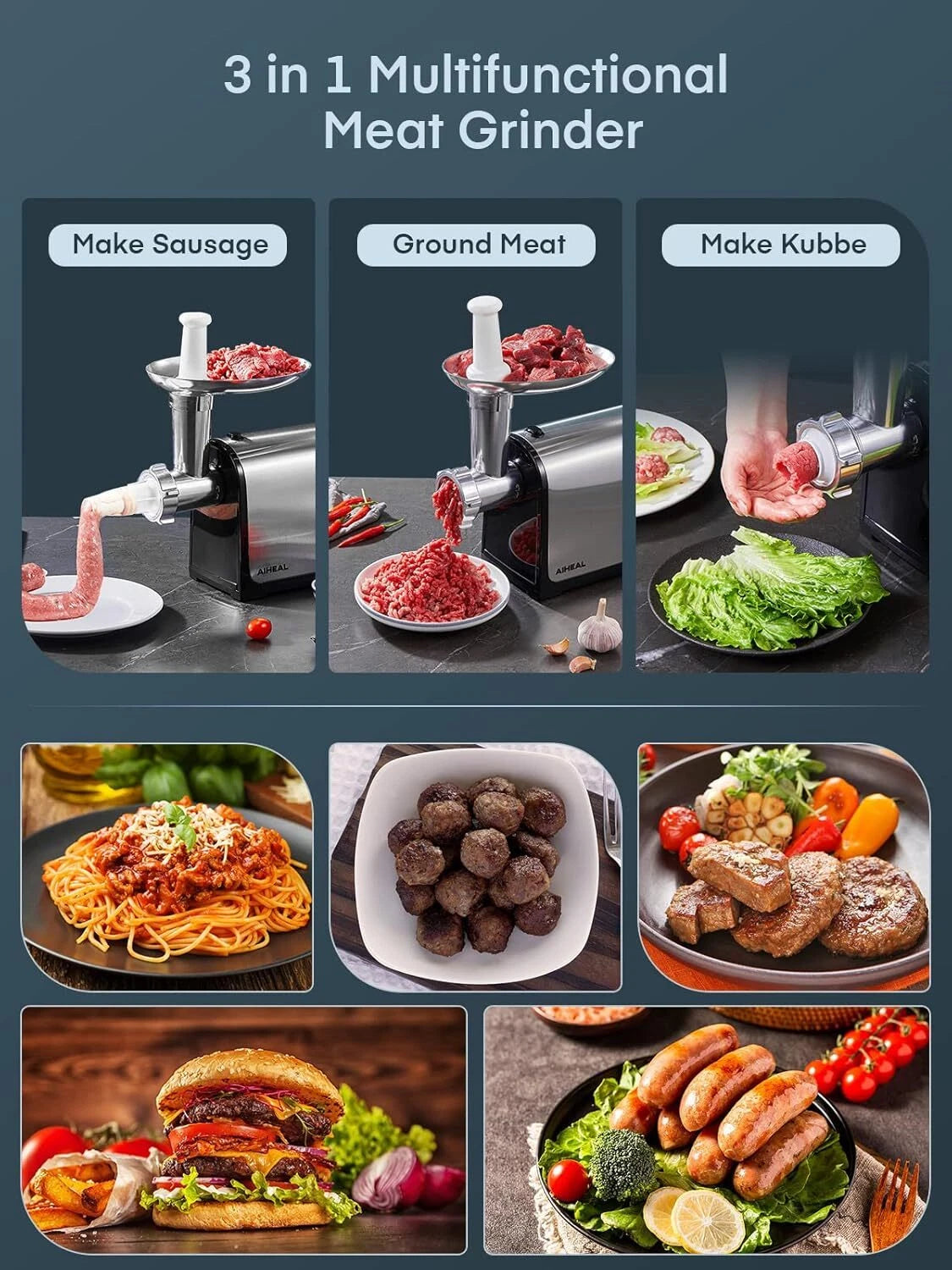 Electric meat grinder with 3 sausage tubes for home kitchen, stainless steel 07FC0E-D4 - KOEEK