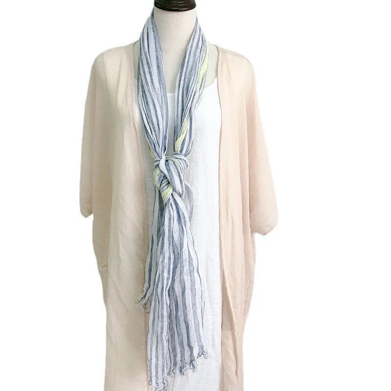 Mens  Flax Linen Preppy Scarf Breathable Casual Stripe Neckerchief Shawl 07FC0E-D4 - KOEEK