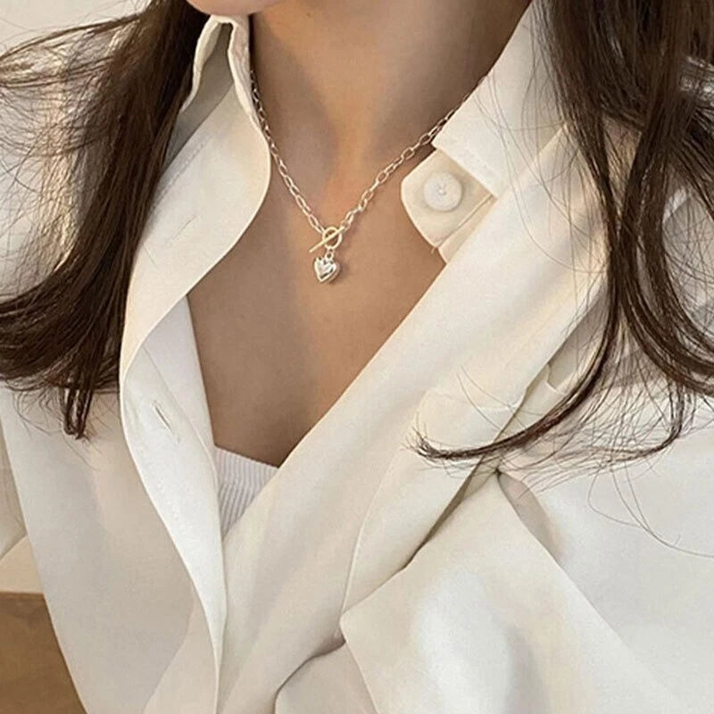 925 Sterling Silver Vintage Cable Chain Heart Pendant Trendy Stylish Necklace 07FC0E-D4 - KOEEK