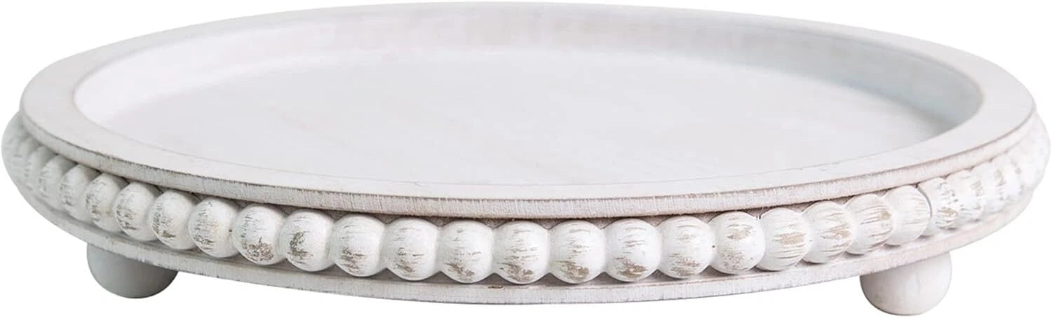 12in Round Wood Beaded Tray -White, Distressed,Farmhouse Rustic -Decorative Tray 07FC0E-D4 - KOEEK