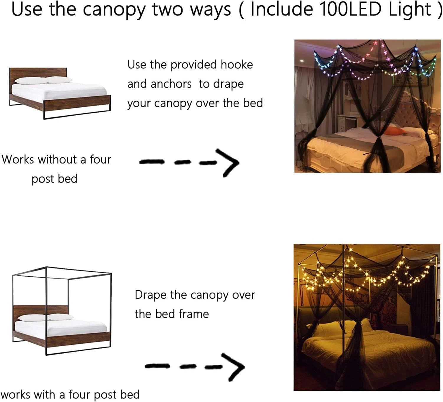 Bed Canopy with LED Star Lights, Canopy Bed Curtain with RGB Color Changing 07FC0E-D4 - KOEEK