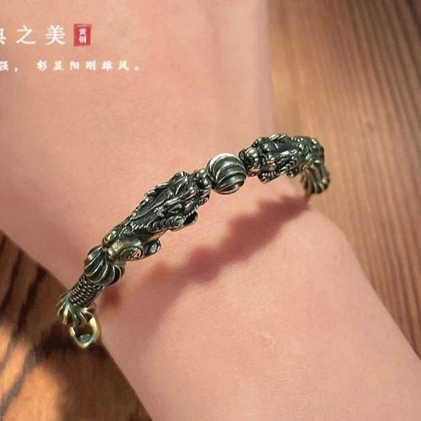 Vintage Brass Bracelet Ethnic Style Pixiu Hand Bead Creative Metal Bangle 07FC0E-D4 - KOEEK
