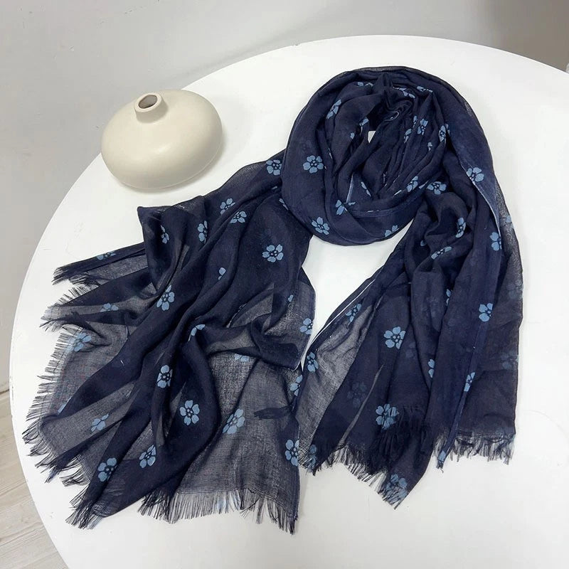 Women Bali Yarn Soft Breathable Summer Spring Stole Blue Floral Shawl Scarf 07FC0E-D4 - KOEEK