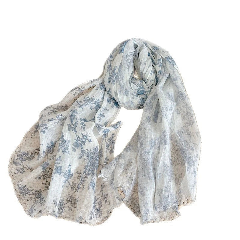 Womens  Flax Linen Floral Scarf Garden Flower Print Shawl Stole Neckerchief 07FC0E-D4 - KOEEK