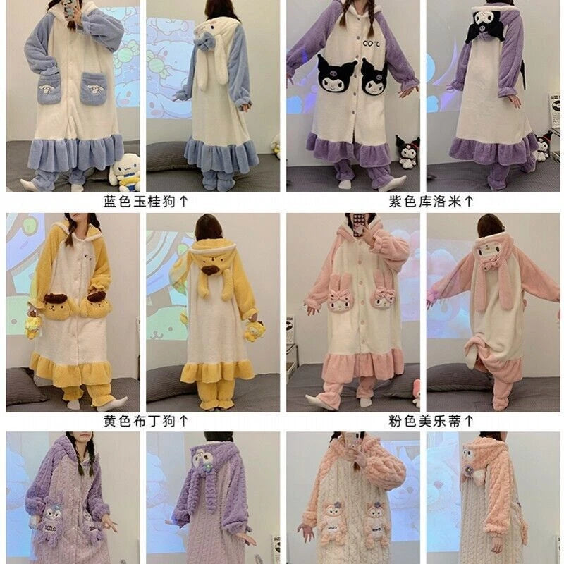 Kuromi My Melody Cinnamoroll Flannel Night-robe Pajama Pants Sleepwear Nightgown 07FC0E-D4 - KOEEK