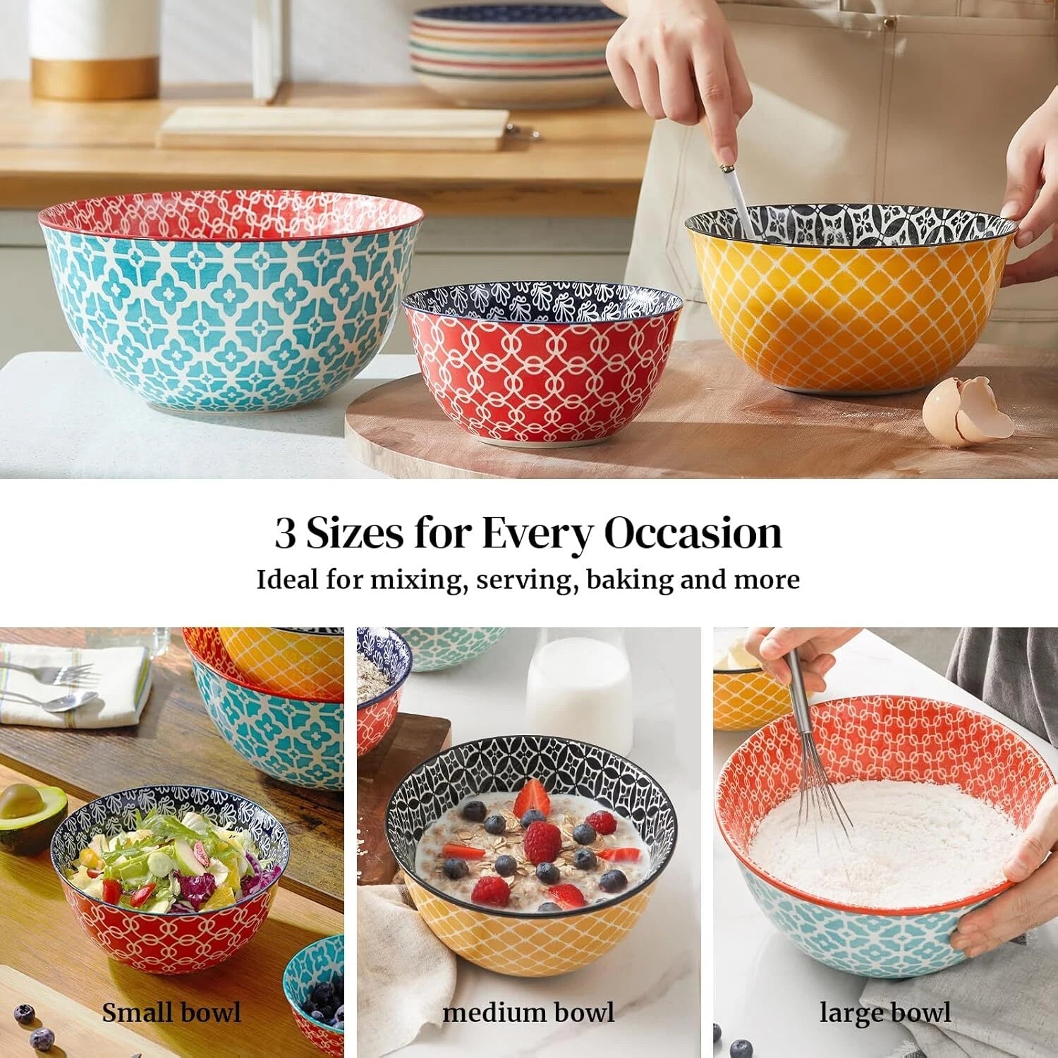 Mixing Bowls, Kitchen Ceramic Mixing Bowls, Bright Colors, Set of 3 07FC0E-D4 - KOEEK