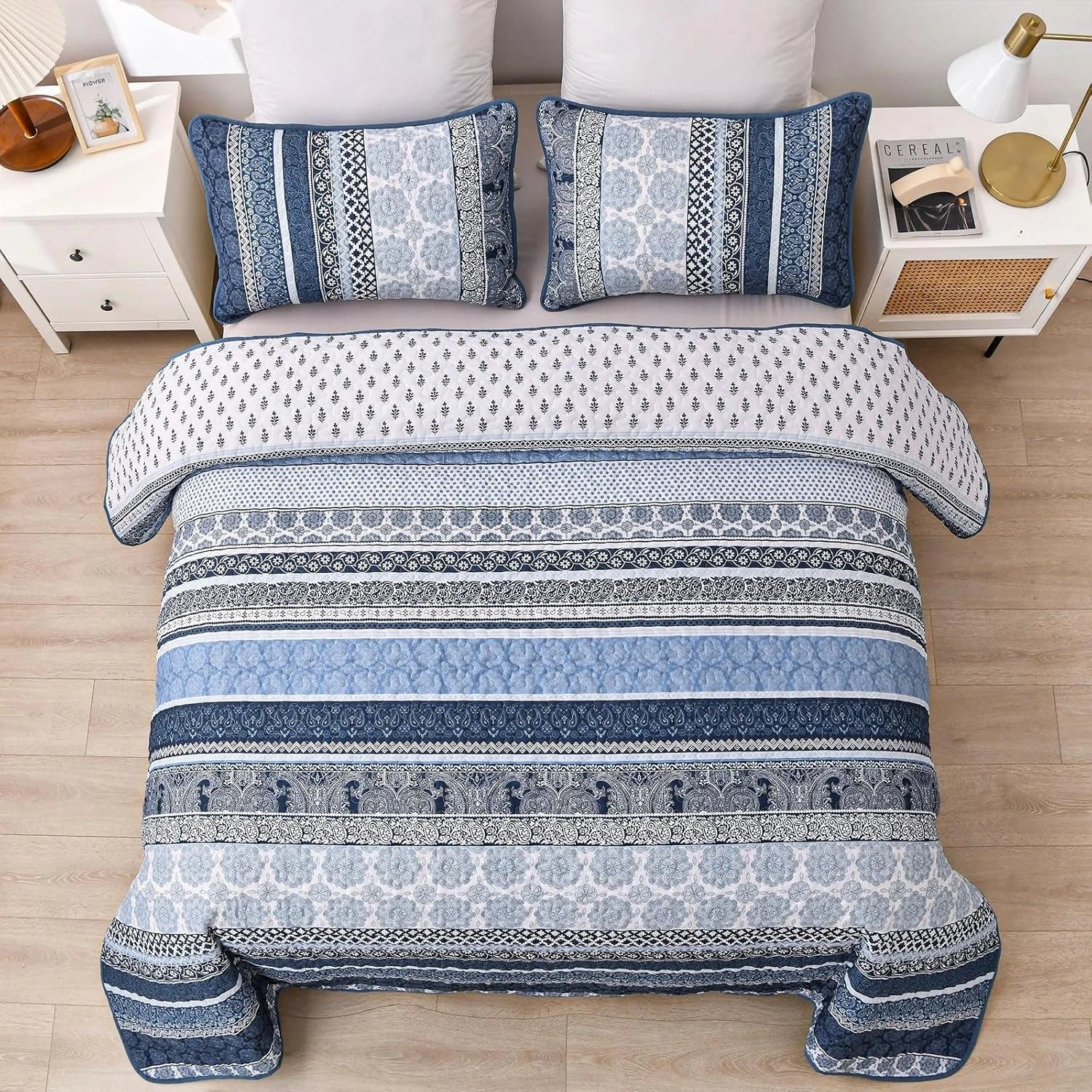 Bohemian Style Quilt Set (Queen Size) Navy Blue Bohemian Style 3-Piece Quilt Set 07FC0E-D4 - KOEEK