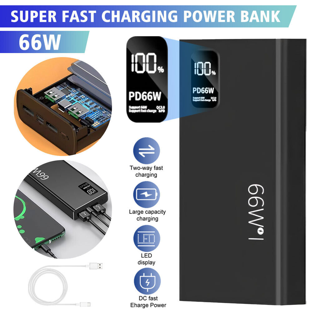 ny 1-2X 30000mAh 66W Power Bank bærbar PD 20W hurtiglader 2USB eksternt batteri