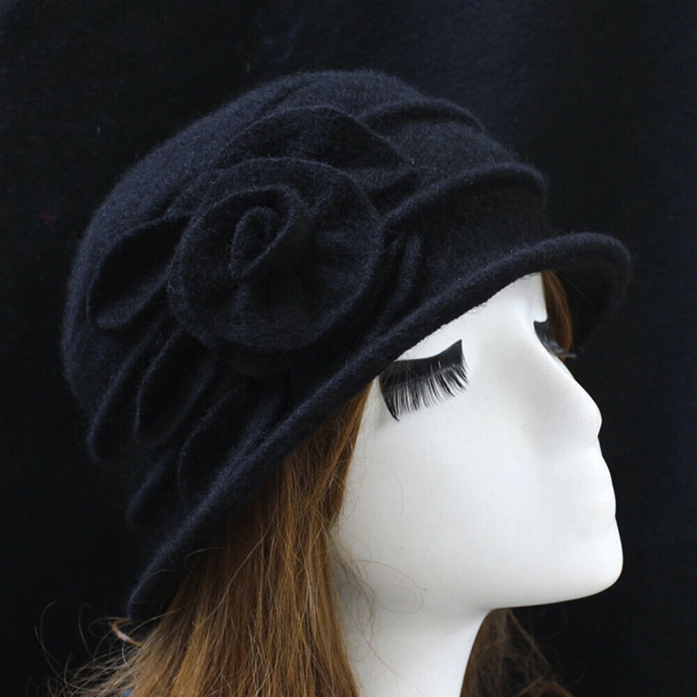 ny Dame Elegant Ull Blomster Hat Vinter Vintage Cloche Bøtte Cap