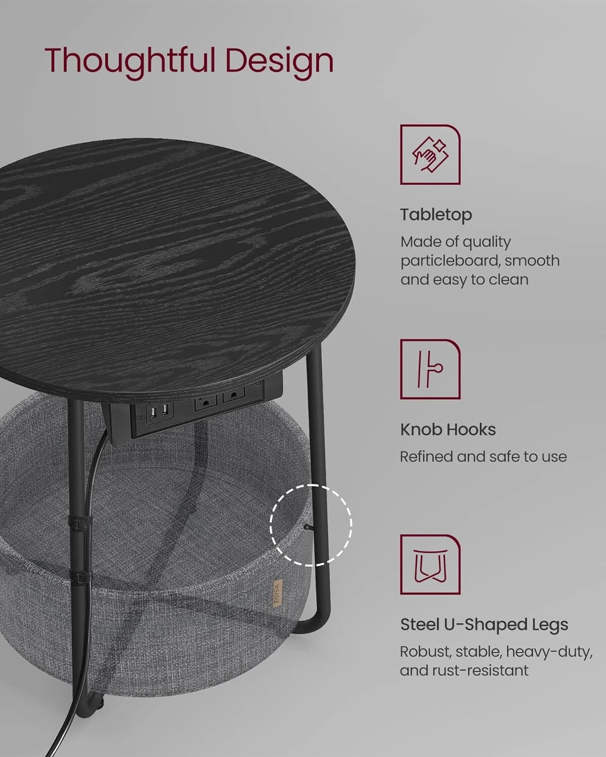 Side table with charging seat, round end table with fabric basket, slate gray 07FC0E-D4 - KOEEK