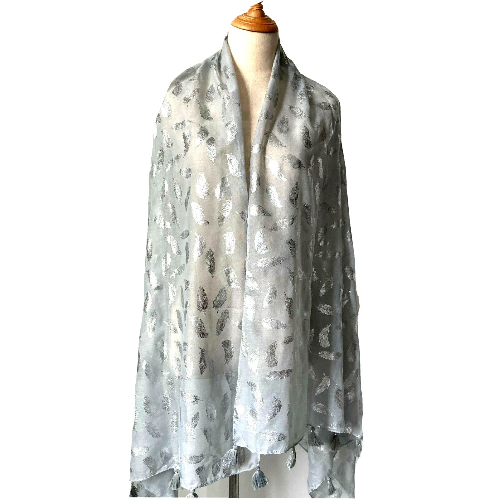 Womens Glitter Metallic Silver Feather Scarf Tassel Shawl Long Pashmina Stole 07FC0E-D4 - KOEEK