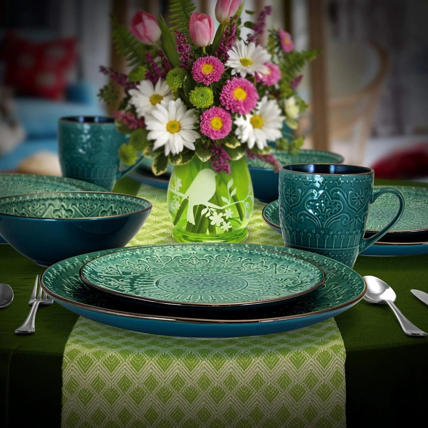 Round Stoare Cameo Dinnerware Set, 16 Piece, Ocean Teal and Green 07FC0E-D4 - KOEEK