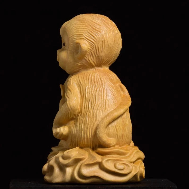9cm Exquisitely Boxwood Handcarved Cute Monkey Holding Peach Tea Pet Ornament 07FC0E-D4 - KOEEK