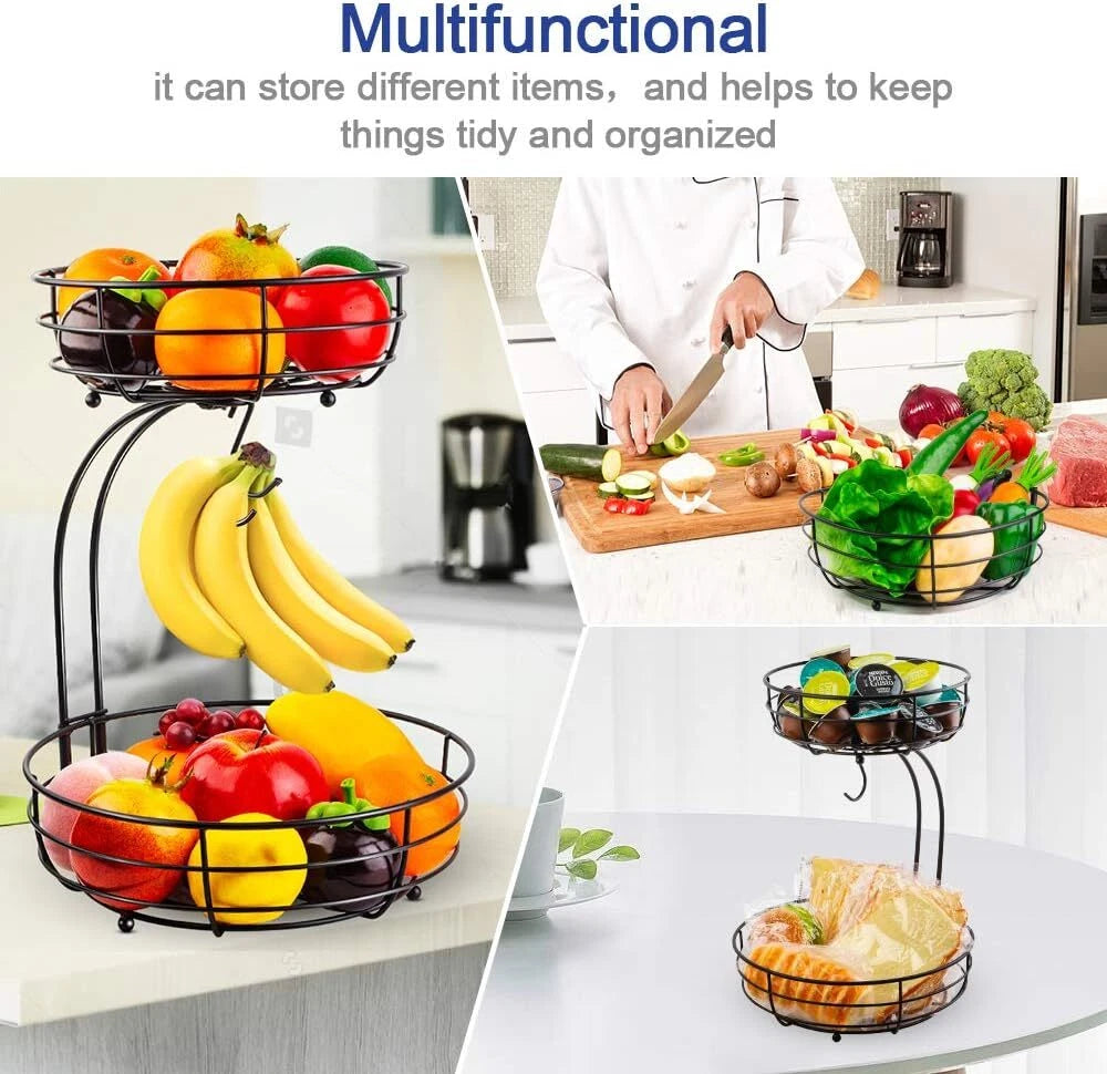 Iron 2-Tier Countertop Fruit Vegetables Basket Bowl Storage With Banana Hanger 07FC0E-D4 - KOEEK