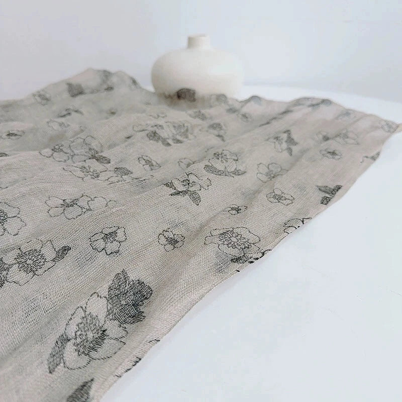 Womens  Flax Linen Floral Scarf  Soft Breathable Elegant Stole Neckerchief 07FC0E-D4 - KOEEK