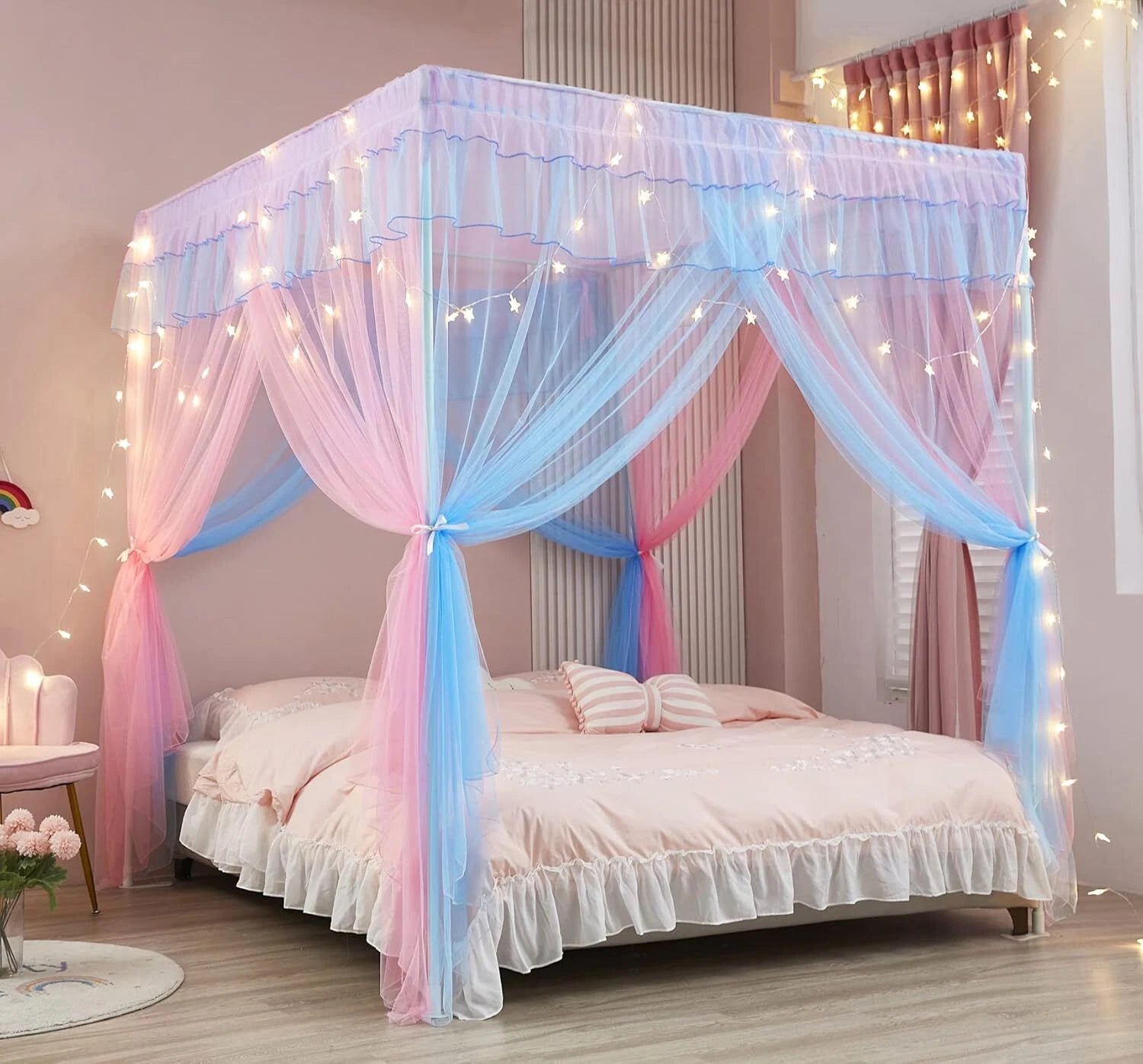 Rainbow Canopy Bed Curtains with Lights - Princess Bed Canopy for Girls 07FC0E-D4 - KOEEK