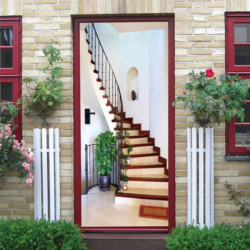 3D Wooden Stairs Self-adhesive Door Mural Door Wall Decals Wallpaper Stickers 07FC0E-D4 - KOEEK