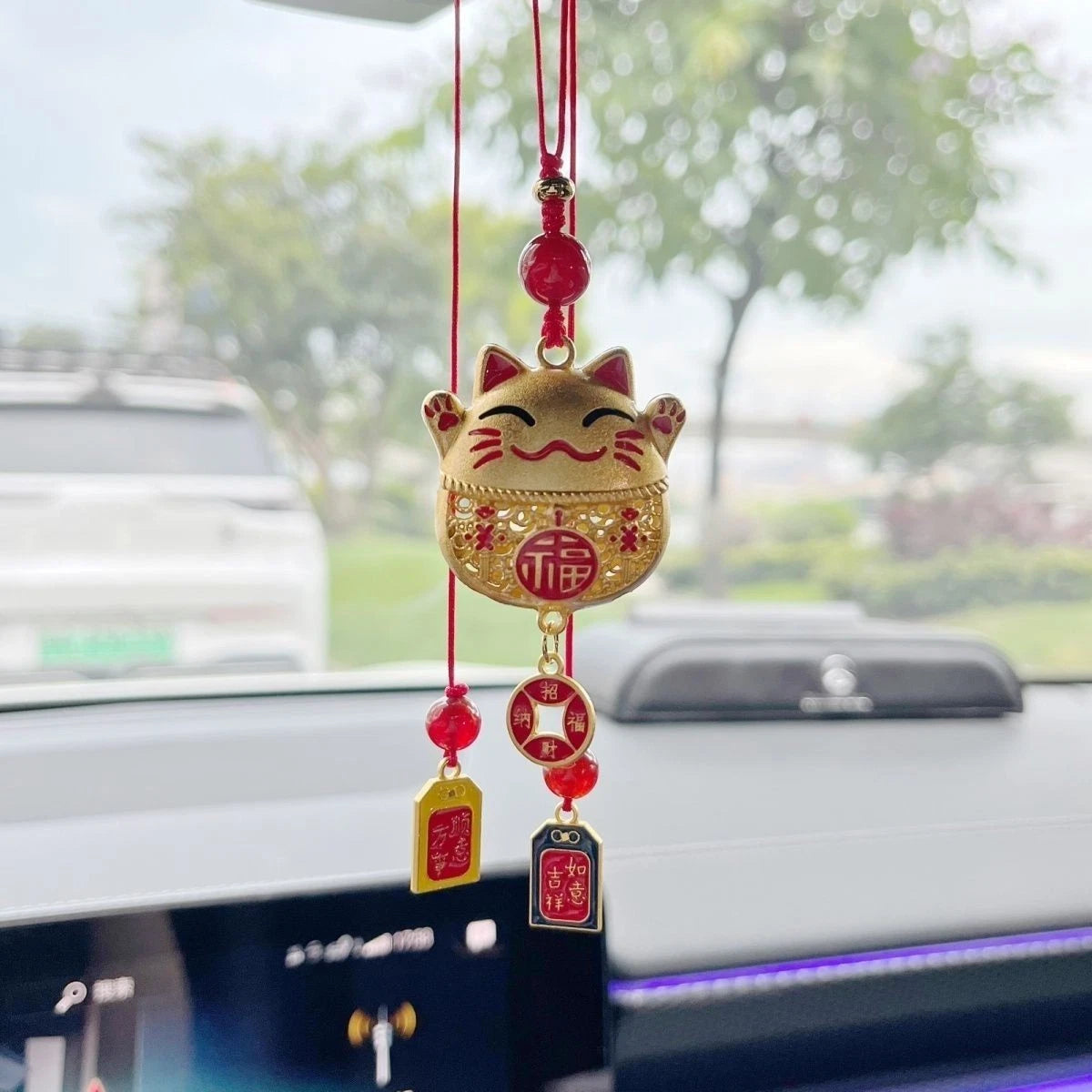 Cat Tassel Car Rearview Mirror Pendant Chinese Style Hanging Ornament 07FC0E-D4 - KOEEK