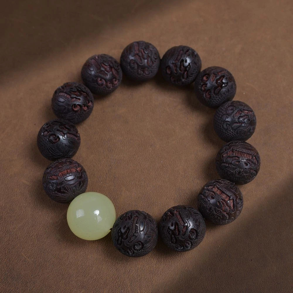 18mm Moonstone Pixiu Carved Beads Bracelet Rosewood Buddhist Prayer Jewelry 07FC0E-D4 - KOEEK