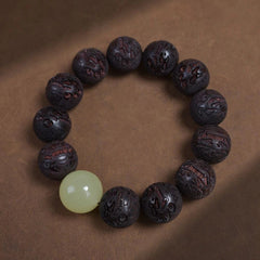 18mm Moonstone Pixiu Carved Beads Bracelet Rosewood Buddhist Prayer Jewelry 07FC0E-D4 - KOEEK