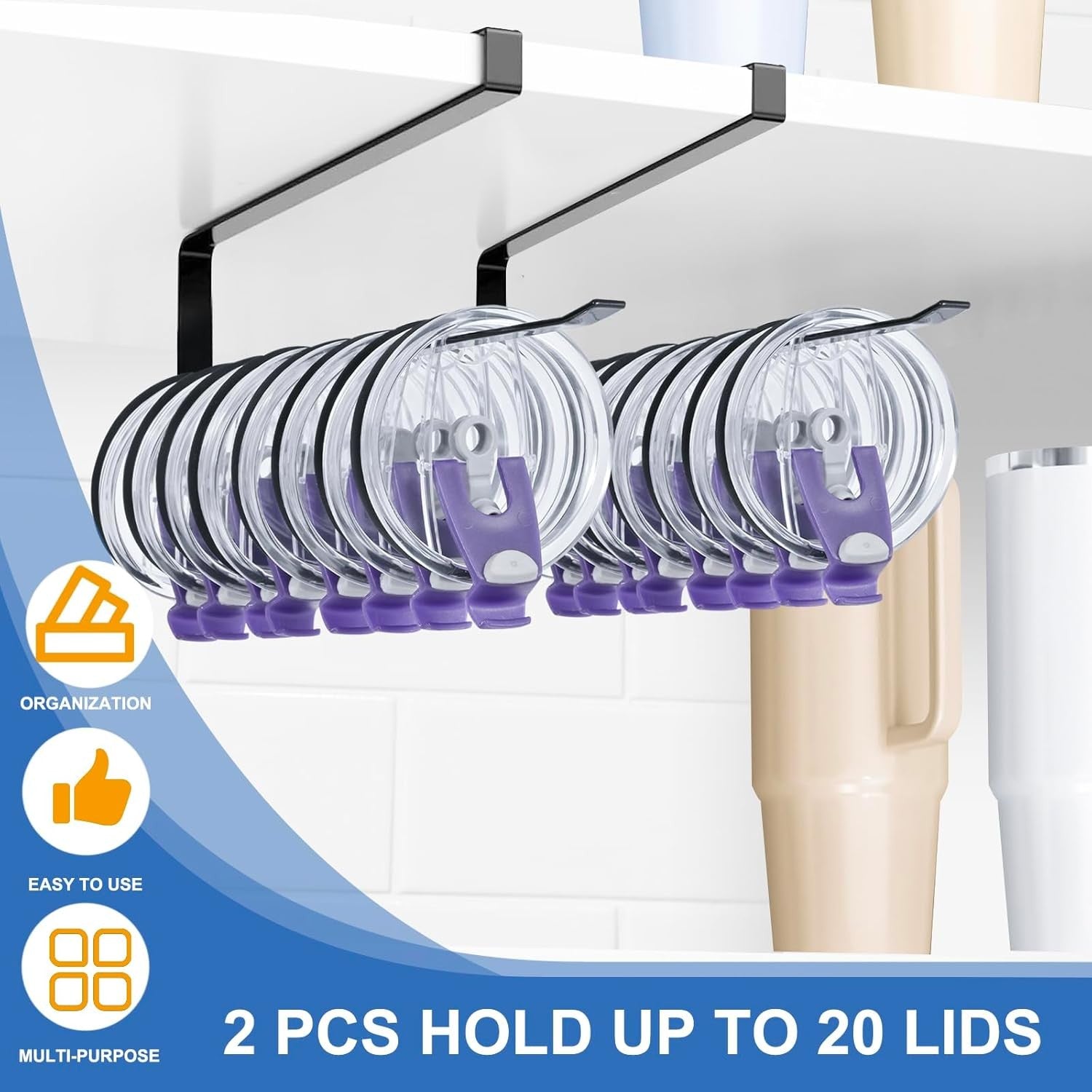 new 2 Pack Tumbler Lid Organizer, Premium Storage Hook Up to 20 Black 07FC0E-D4 - KOEEK
