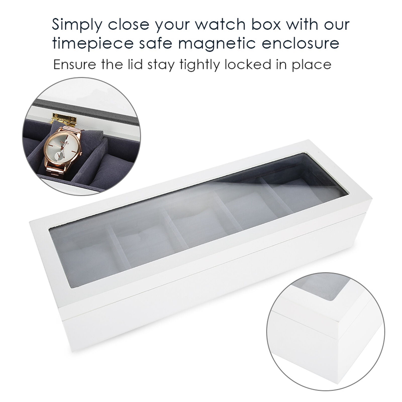 ny (Hvit) Watch Box Display Case 5 Slot Glass Oppbevaringsboks Organizer Klokke smykker