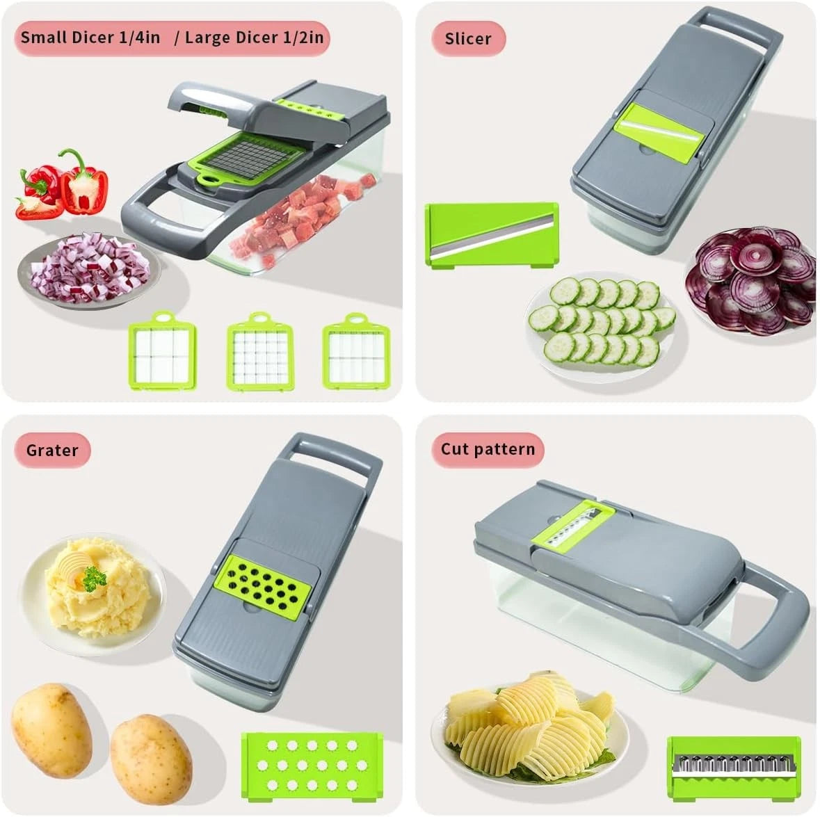 Vegetable chopper set, stainless steel blades, with vegetable pusher 07FC0E-D4 - KOEEK