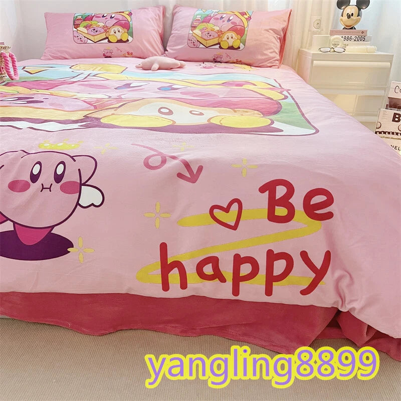 Anime Kirby Velvet Bed Sheet Pillowcase Quilt Cover Double Queen Bedding Set 4pc 07FC0E-D4 - KOEEK
