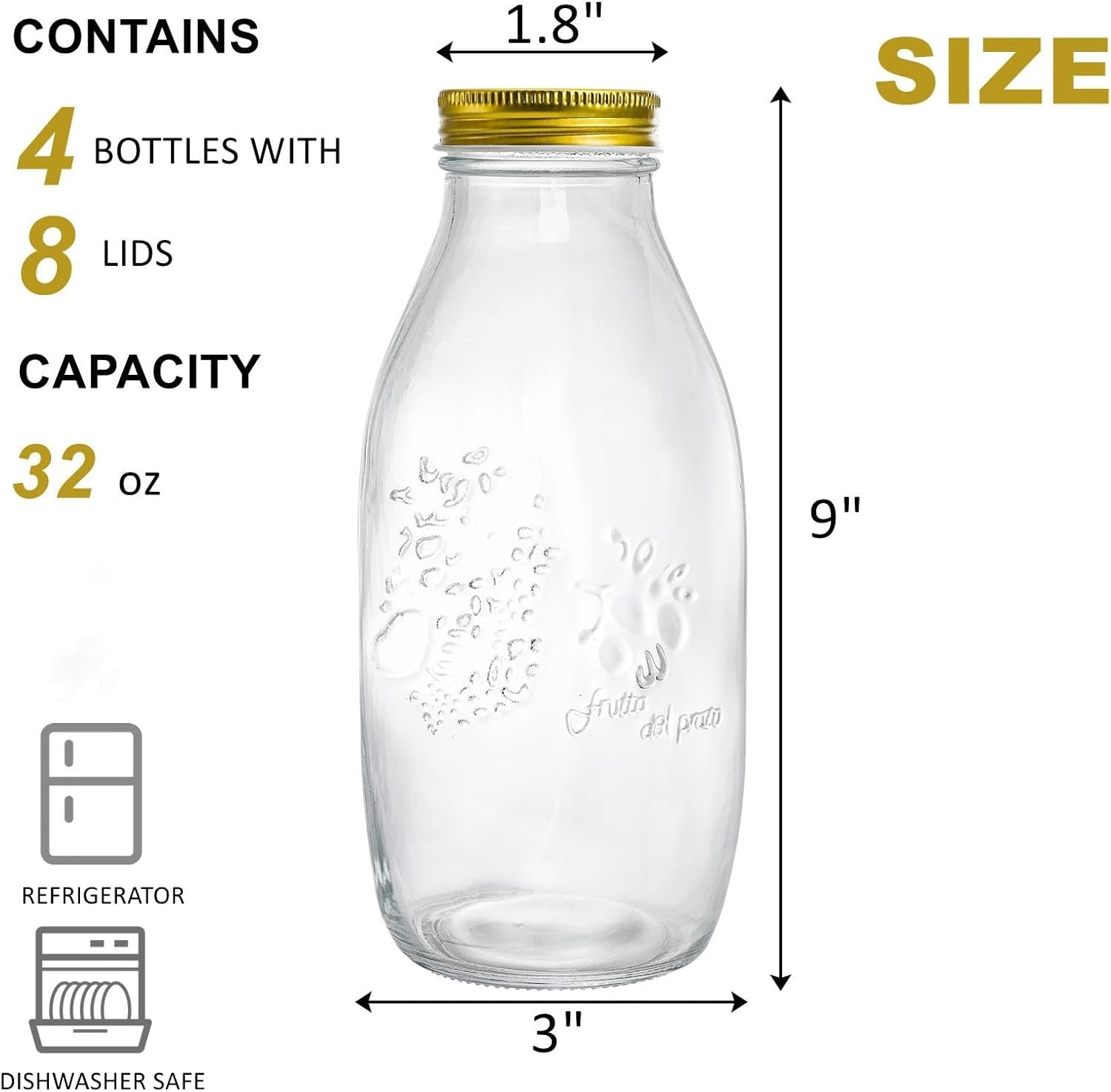 new ZOOFOX 4 Pack 32 oz Glass Milk Bottle with Lids, Vintage Clear,Gold ZOOFOX - KOEEK