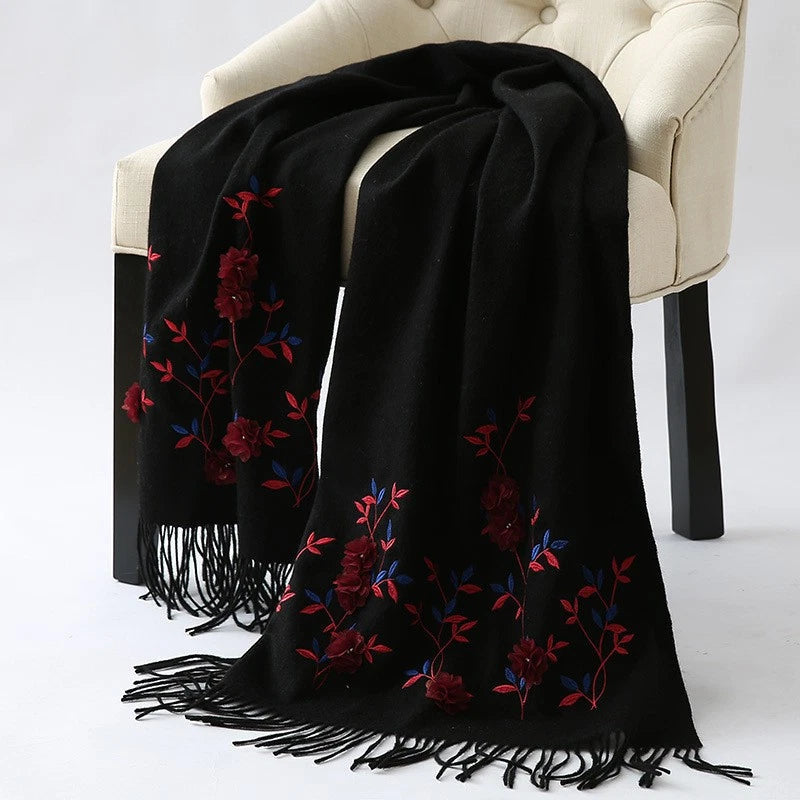 Womens soft Cashmere Scarf Bandana 3D Pink Flower Embroided Cape Shawl Pashmina 07FC0E-D4 - KOEEK