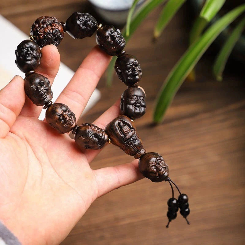 Natural Agarwood Prayer Beads Eighteen Arhats Carving Men Woman Buddha Bracelet 07FC0E-D4 - KOEEK