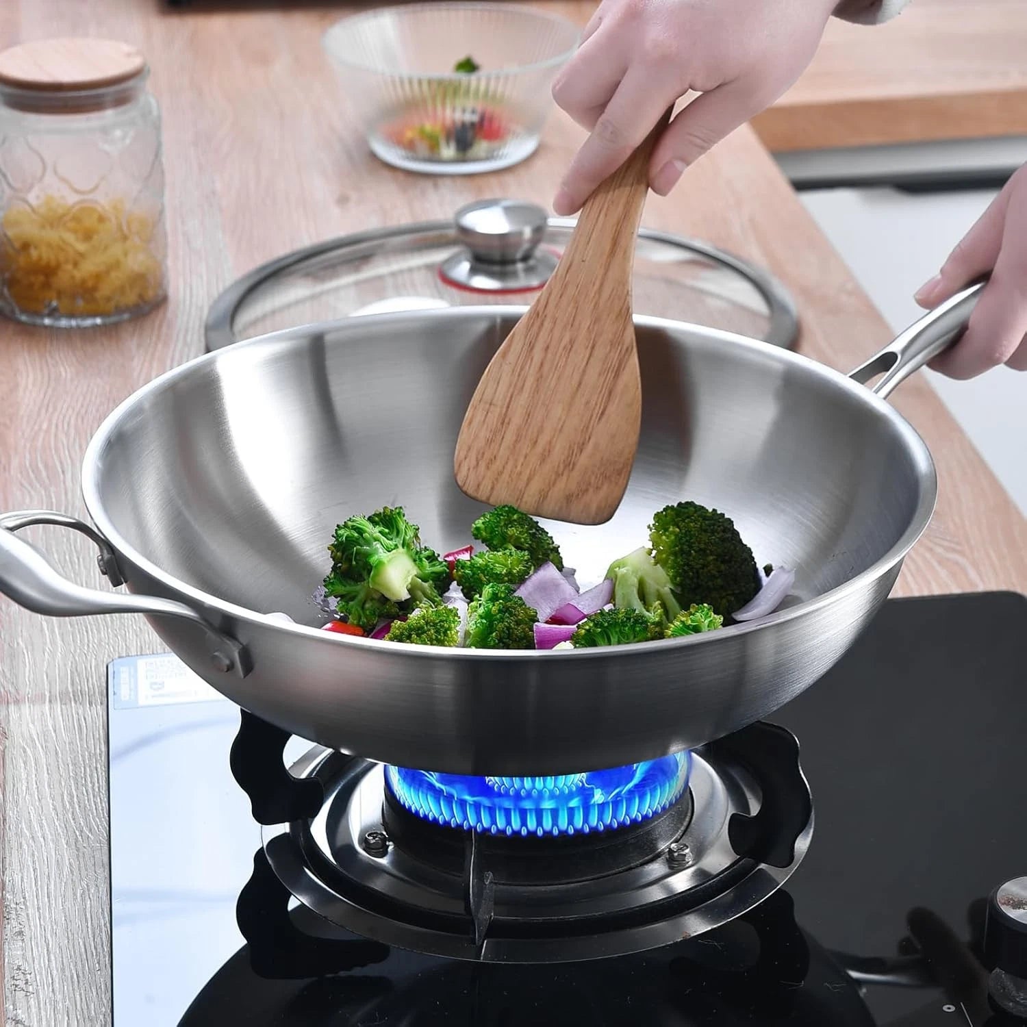13''Stainless Steel Wok Pan with Lid, Stir-Frying Pan,Induction Cooking Pan 07FC0E-D4 - KOEEK