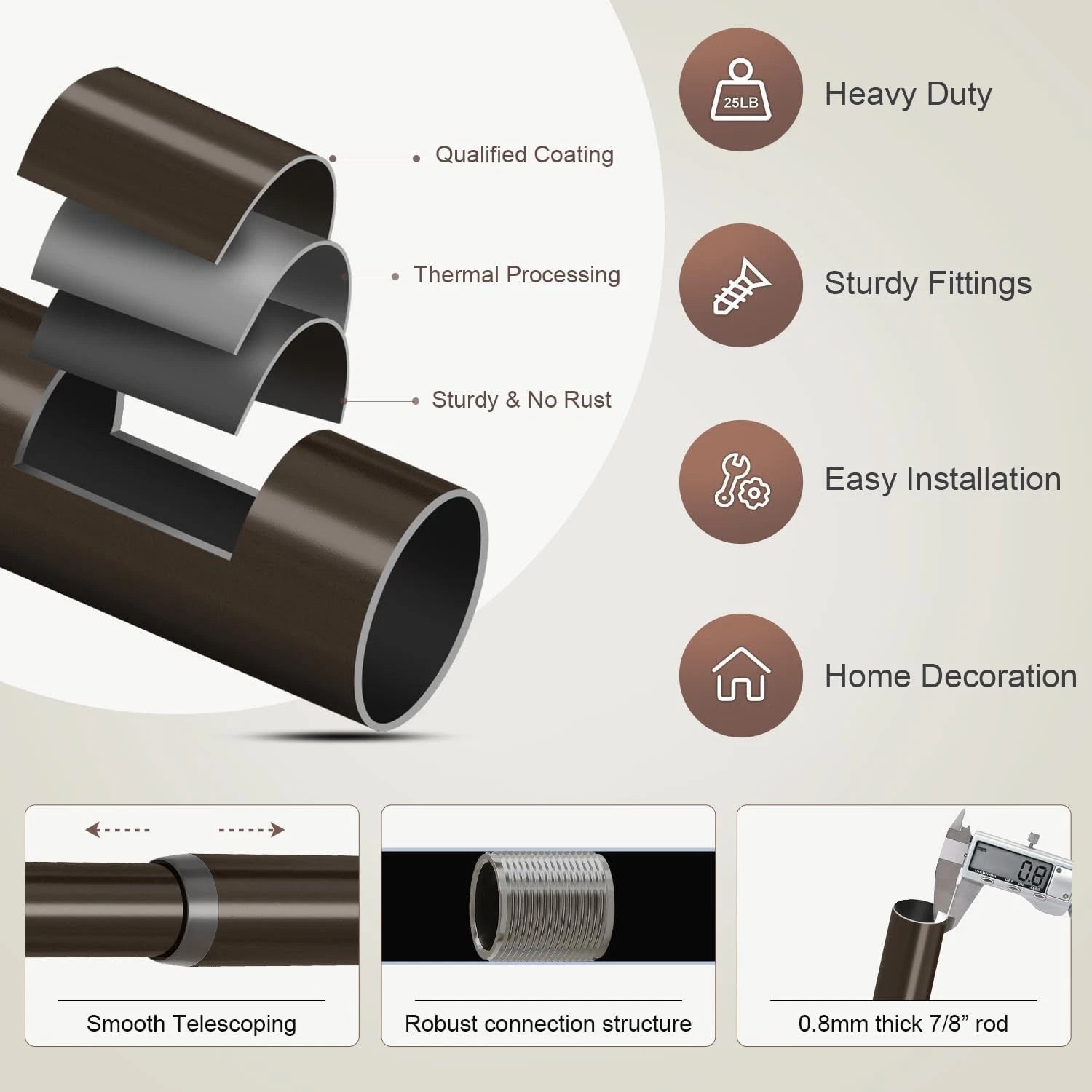 Brown curtain rod, suitable for windows ranging from 66 to 120 inches. 07FC0E-D4 - KOEEK