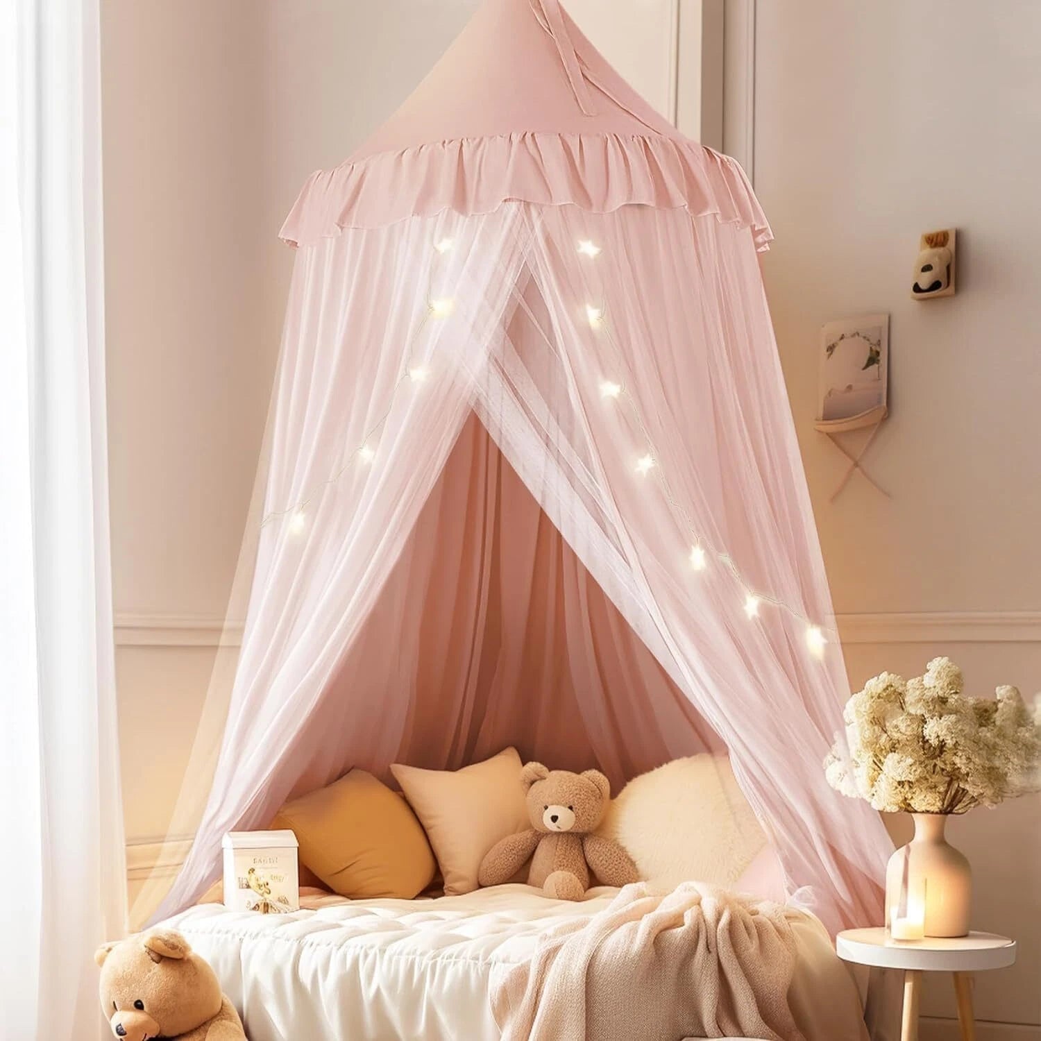 Bed Canopy with Star Lights, Double Layer Canopy for Bed, Princess Play Tent 07FC0E-D4 - KOEEK