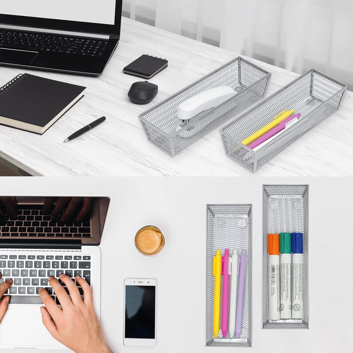 Metal Silverware Organizer, Mesh Drawer Organizer (Silver 9 * 3 * 2 inch 6-Pack) 07FC0E-D4 - KOEEK