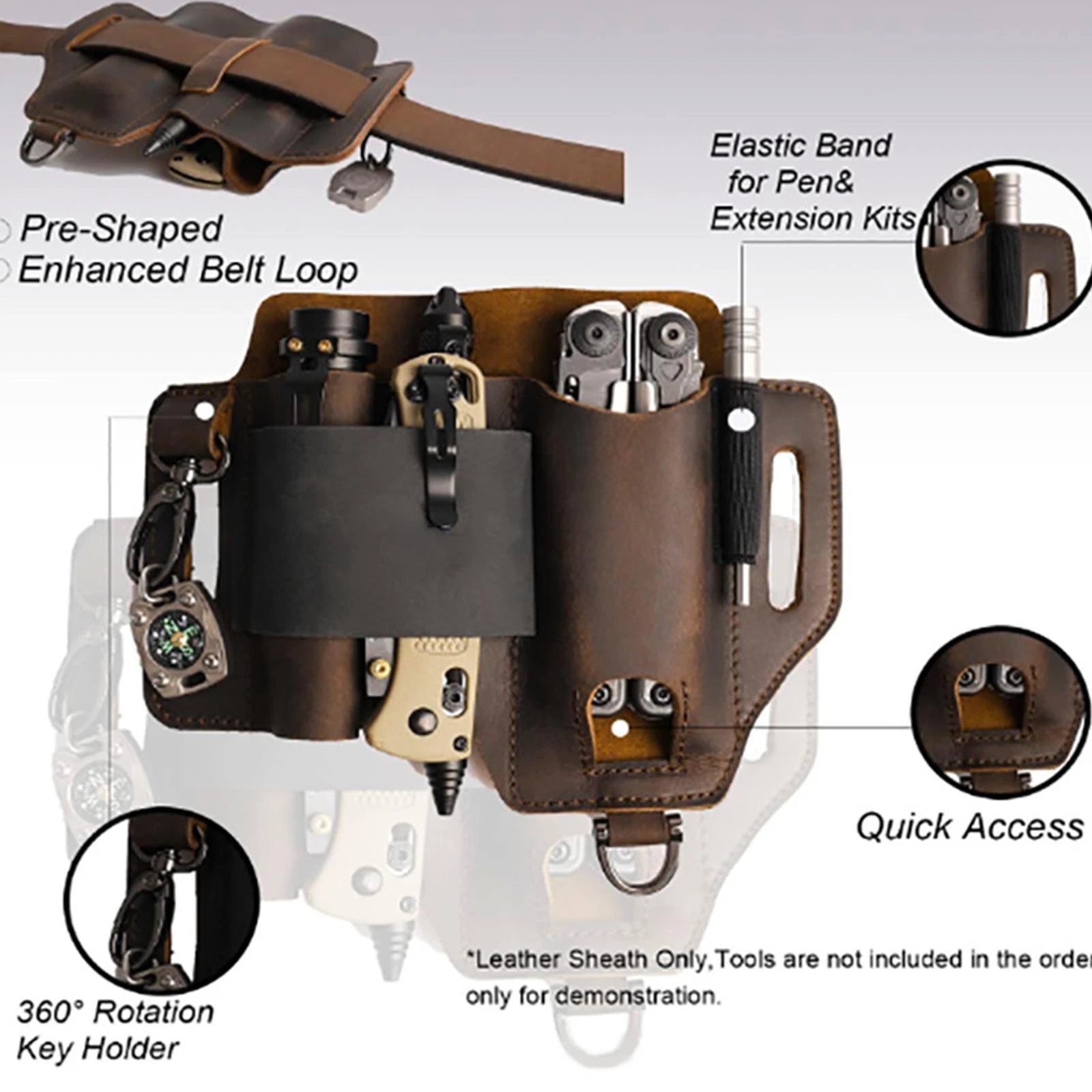 EDC Multi-tool Leather Sheath Outdoor Pocket Organizer Storage Belt Waist Bag 07FC0E-D4 - KOEEK