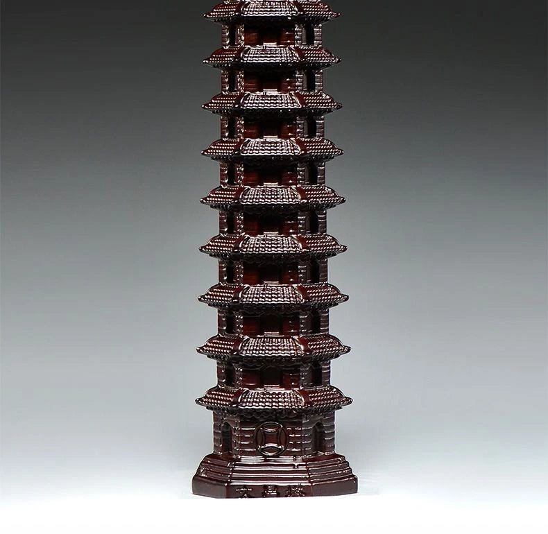Ebony Wood Wenchang Pagoda 15cm Hand Carved Desk Home Office Decor Ornament 07FC0E-D4 - KOEEK