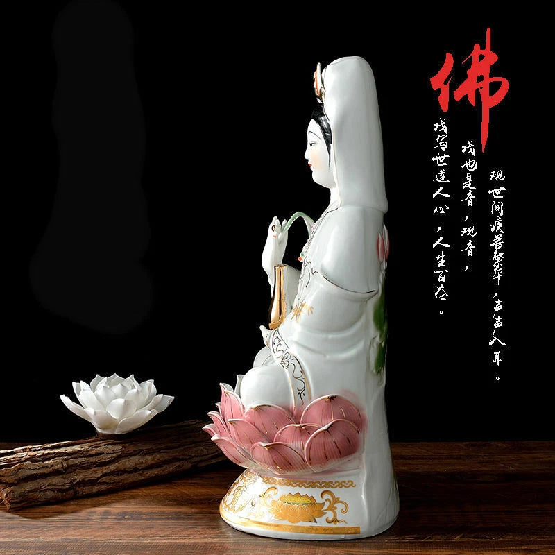 25cm Ceramic Lotus Guanyin Bodhisattva Statue Buddhist Supplies Home Decoration 07FC0E-D4 - KOEEK
