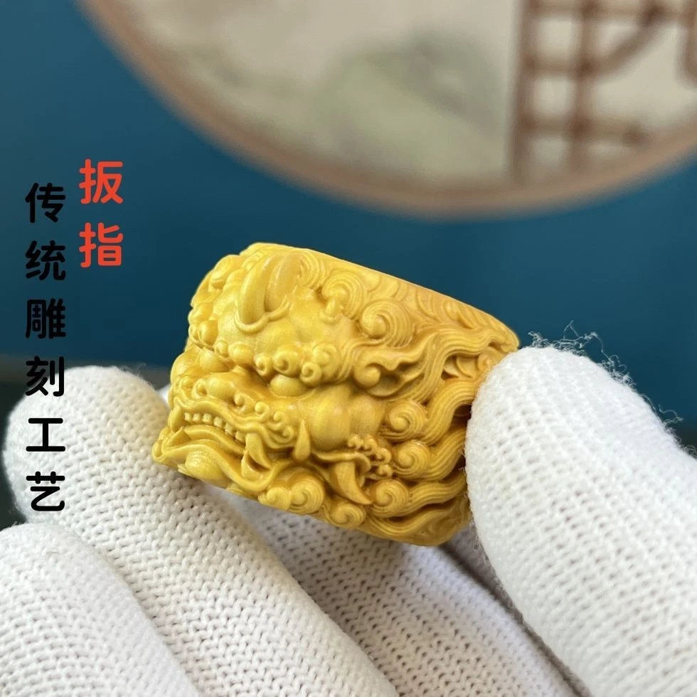 Boxwood Carved Pi Xiu Ring Wealth Hand Piece Fidget Decor Gift for Men 07FC0E-D4 - KOEEK