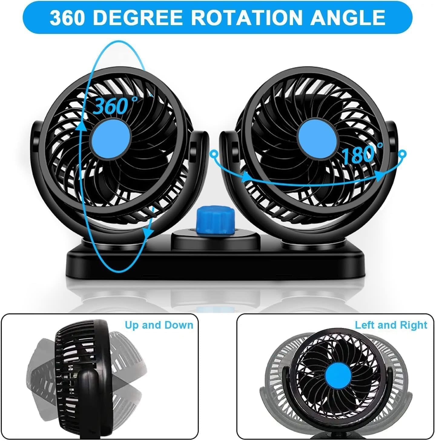 new Car Fan 12V, 360 Degree Rotatable Fan, Electric 2 Speed Dual Head Blue 07FC0E-D4 - KOEEK