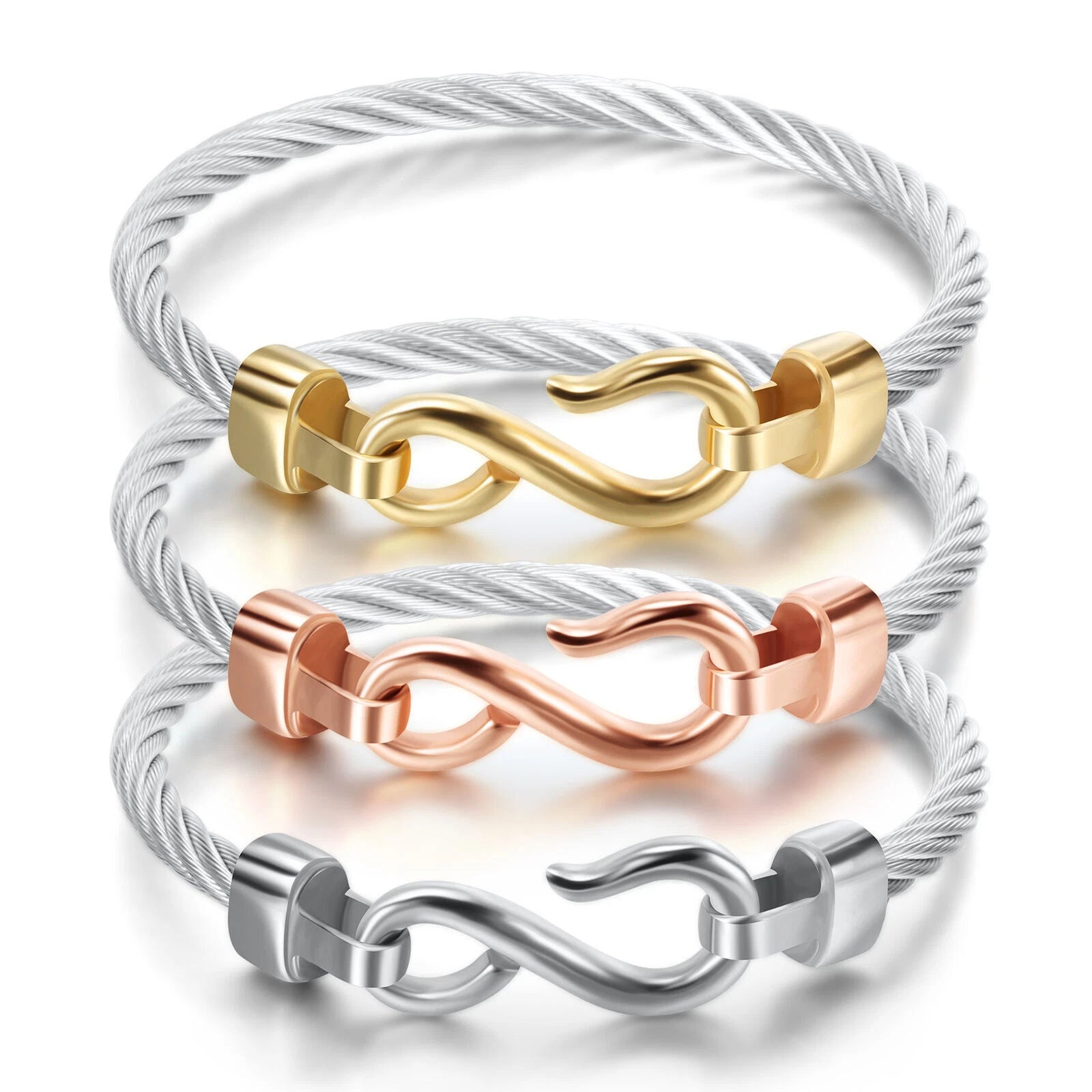 Love Infinity Symbol Charm Stainless Steel Cable Women's Cuff Bangle Bracelet 07FC0E-D4 - KOEEK