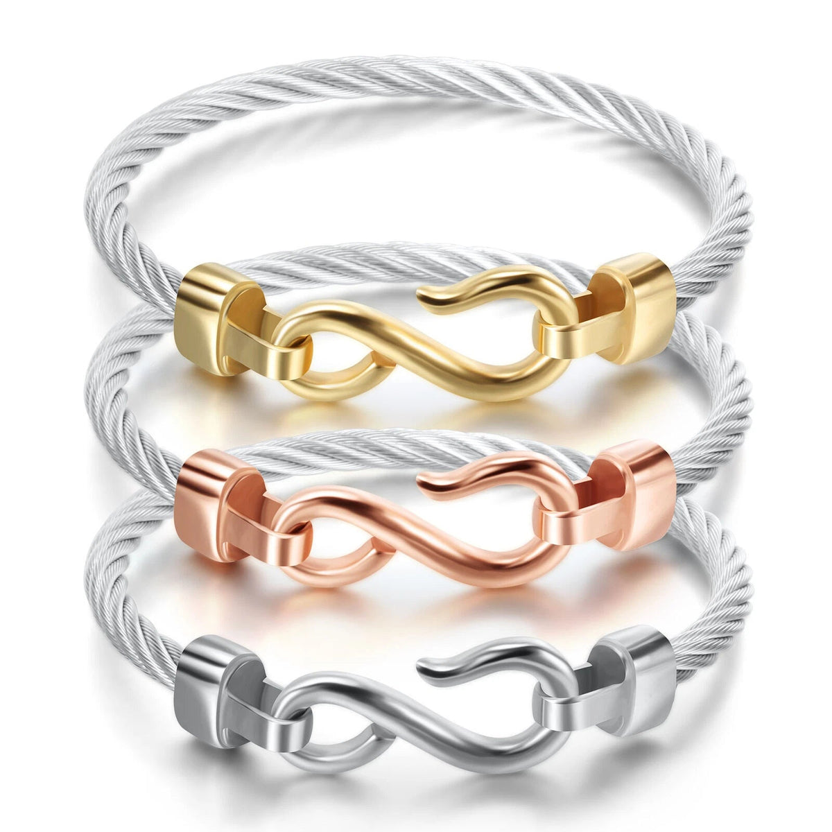 Love Infinity Symbol Charm Stainless Steel Cable Women's Cuff Bangle Bracelet 07FC0E-D4 - KOEEK