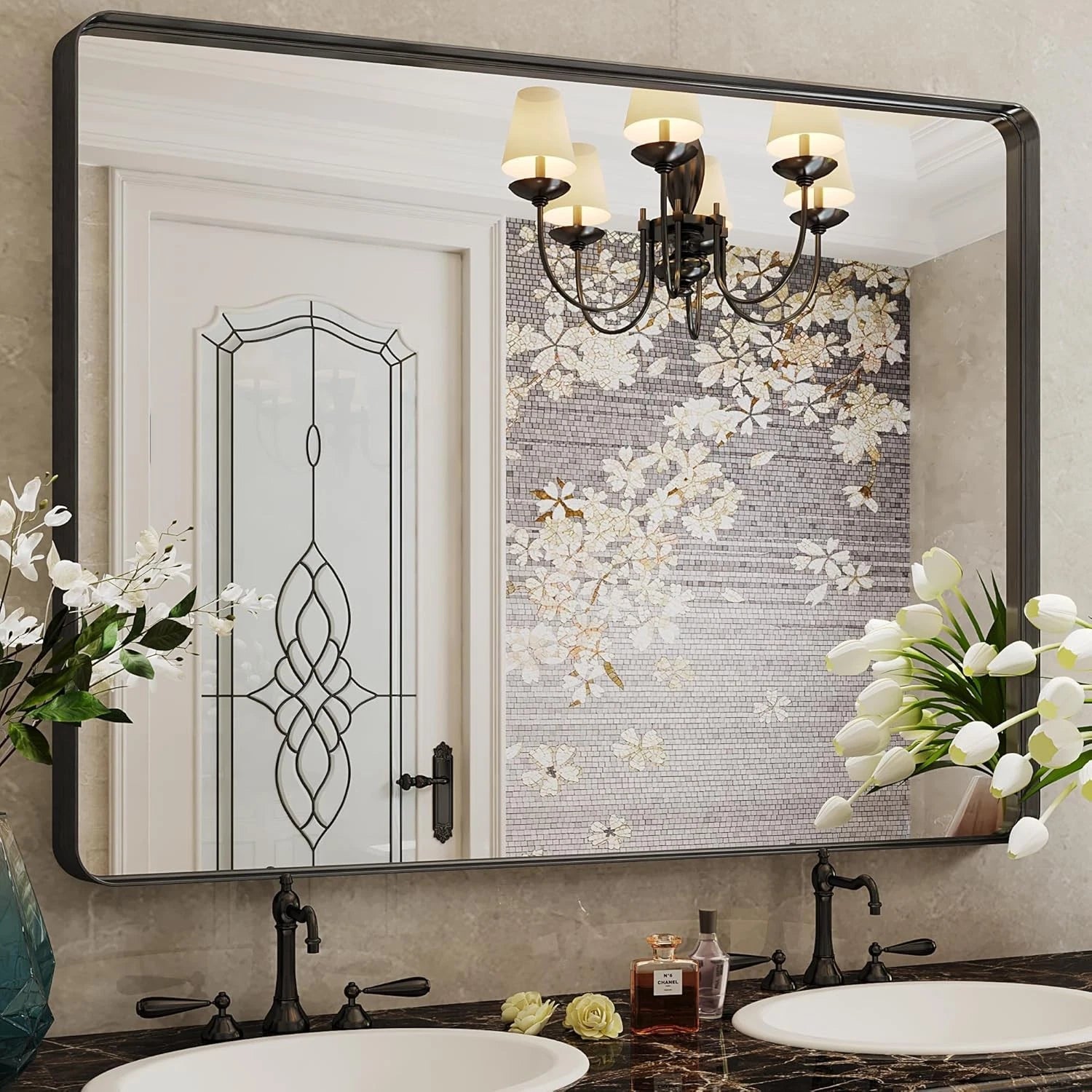 Bathroom Mirror,24" x 36"Wall Mounted Vanity Brushed Rounded Corner Metal Framed 07FC0E-D4 - KOEEK