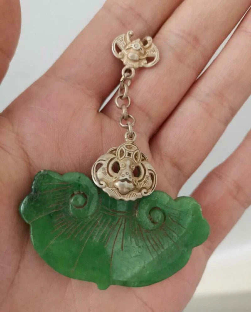 A Pair Chinese Antique Tibetan Silver Inlaid Lucky Natural Jewelry Jade Earrings 07FC0E-D4 - KOEEK