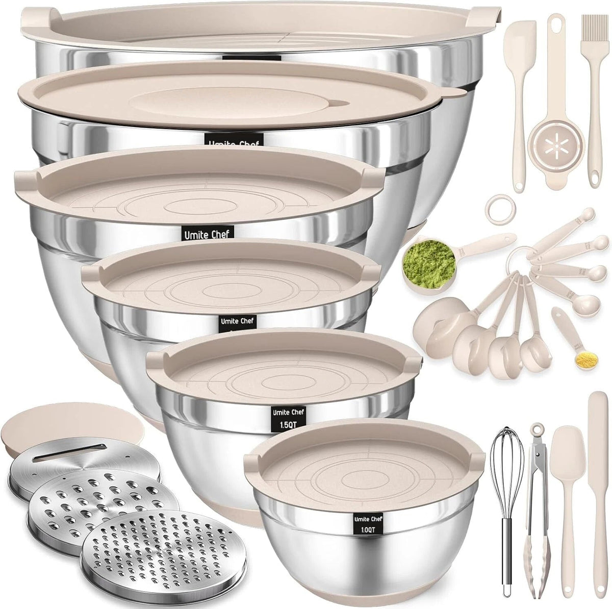 Mixing Bowl Set with Sealed Lid, 26 Piece Stainless Steel Khaki Bowl Set. 07FC0E-D4 - KOEEK