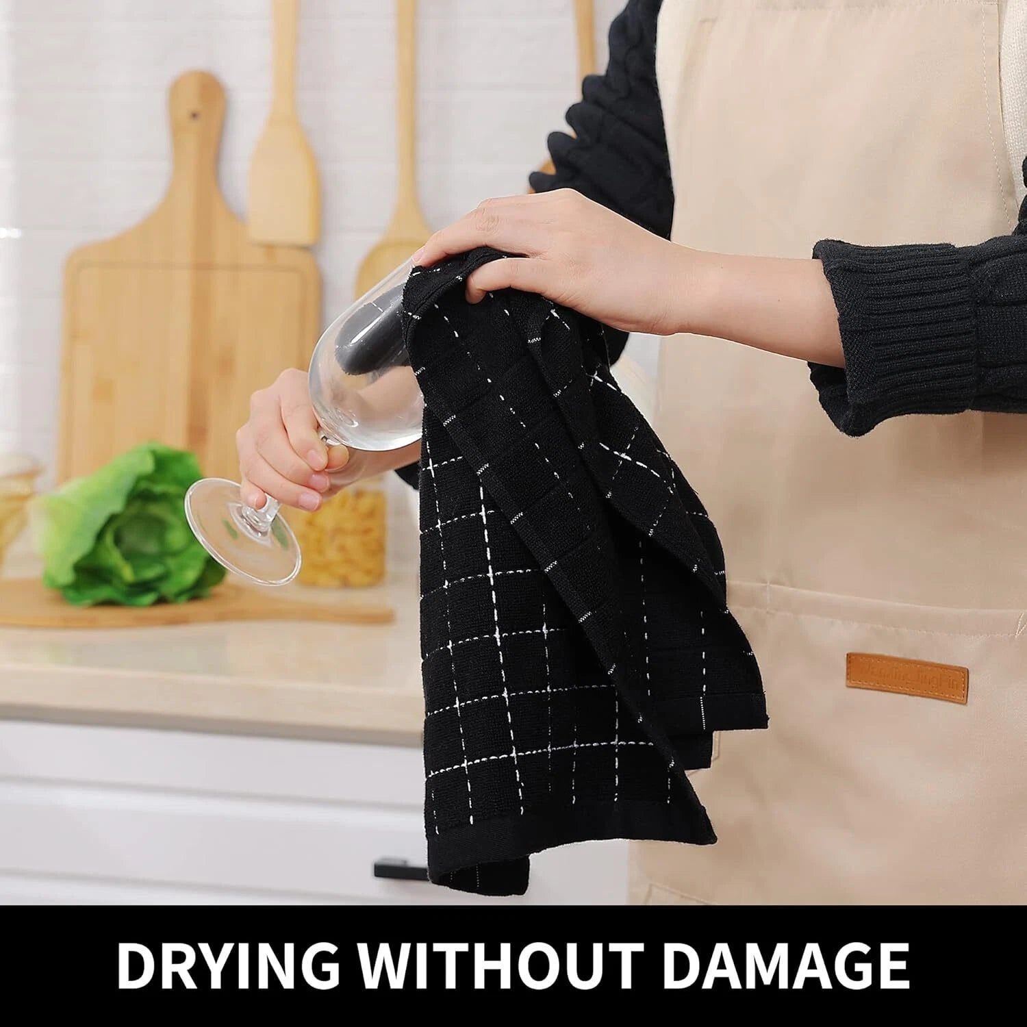 Cotton Terry Kitchen Towels(Black, 13 x 28 inches), Checkered Designed,Soft 07FC0E-D4 - KOEEK