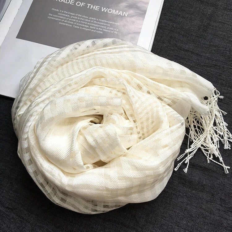 Womens Plaid Tasseled White Wool Silk Scarf Breathable Veil Shawl Scarves Stole 07FC0E-D4 - KOEEK