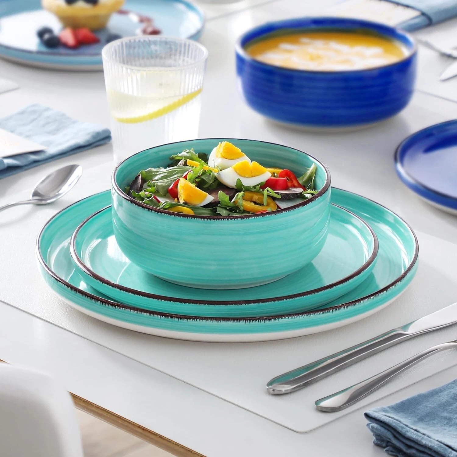 Bonita Blue Dinnerware Set, 4 Person Plate and Bowl Set, 12 Piece Stoare Set 07FC0E-D4 - KOEEK