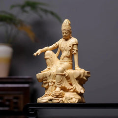 23cm Traditional Cypress Wood Guanyin Bodhisattva Hand-carved Buddhist Statue 07FC0E-D4 - KOEEK