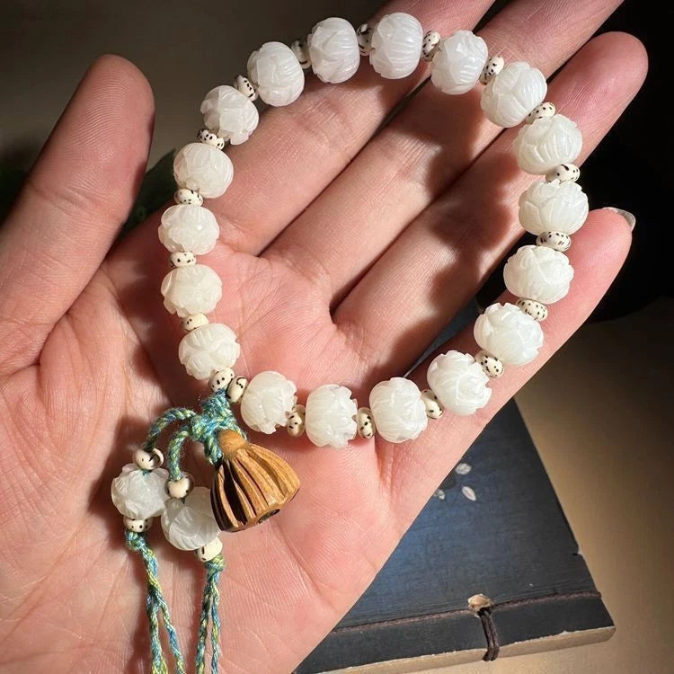 Handmade Meditation Jewelry Bodhi Root Lotus Carved Buddhist Prayer Beads 07FC0E-D4 - KOEEK